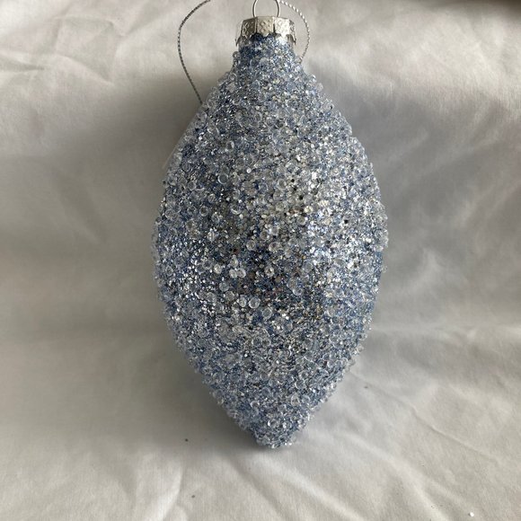 NWT Beaded & Frosted Light Blue Tear-Shaped Glass Ornament - Picture 3 of 4